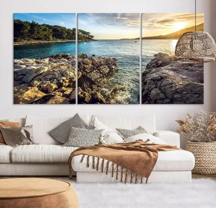 The Paradise Island on Seychelles Wall Art Canvas Print, a triptych capturing a coastal sunset over rocky cliffs and printed on museum-quality canvas with a UV-protective coating, hangs prominently.