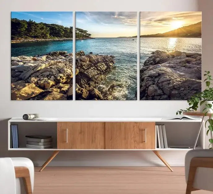 The Paradise Island on Seychelles Wall Art Canvas Print, a triptych capturing a coastal sunset over rocky cliffs and printed on museum-quality canvas with a UV-protective coating, hangs prominently.