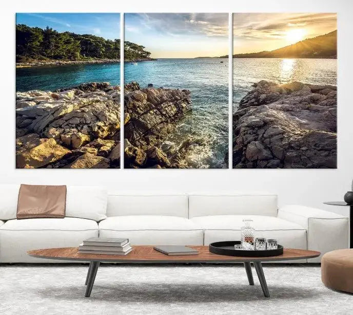 The Paradise Island on Seychelles Wall Art Canvas Print, a triptych capturing a coastal sunset over rocky cliffs and printed on museum-quality canvas with a UV-protective coating, hangs prominently.