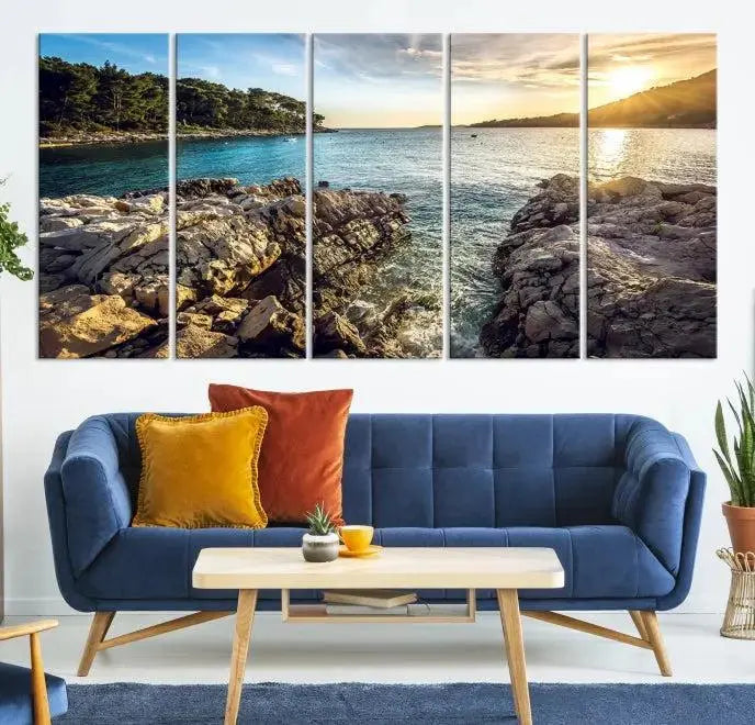 The Paradise Island on Seychelles Wall Art Canvas Print, a triptych capturing a coastal sunset over rocky cliffs and printed on museum-quality canvas with a UV-protective coating, hangs prominently.