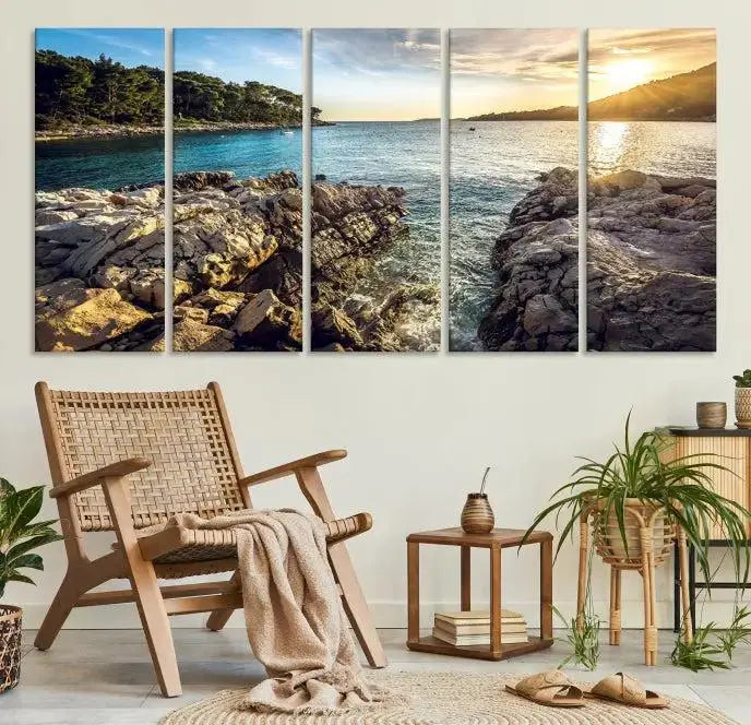 The Paradise Island on Seychelles Wall Art Canvas Print, a triptych capturing a coastal sunset over rocky cliffs and printed on museum-quality canvas with a UV-protective coating, hangs prominently.