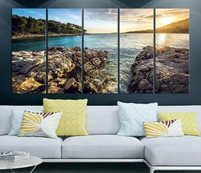 The Paradise Island on Seychelles Wall Art Canvas Print, a triptych capturing a coastal sunset over rocky cliffs and printed on museum-quality canvas with a UV-protective coating, hangs prominently.