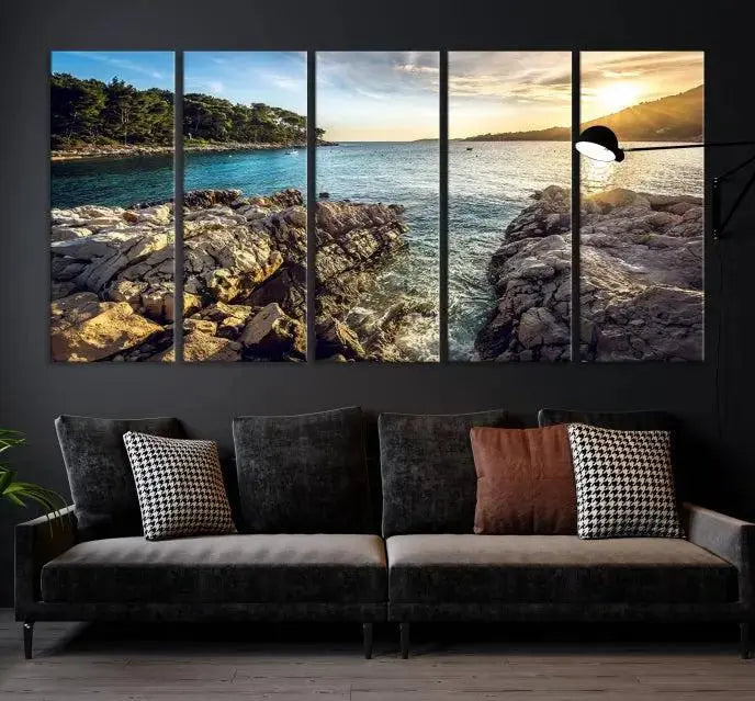 The Paradise Island on Seychelles Wall Art Canvas Print, a triptych capturing a coastal sunset over rocky cliffs and printed on museum-quality canvas with a UV-protective coating, hangs prominently.