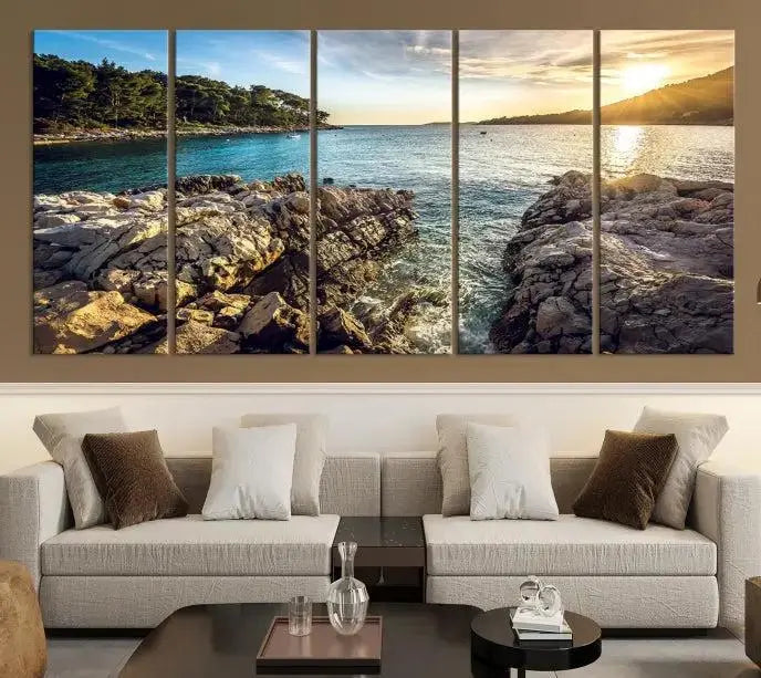 The Paradise Island on Seychelles Wall Art Canvas Print, a triptych capturing a coastal sunset over rocky cliffs and printed on museum-quality canvas with a UV-protective coating, hangs prominently.