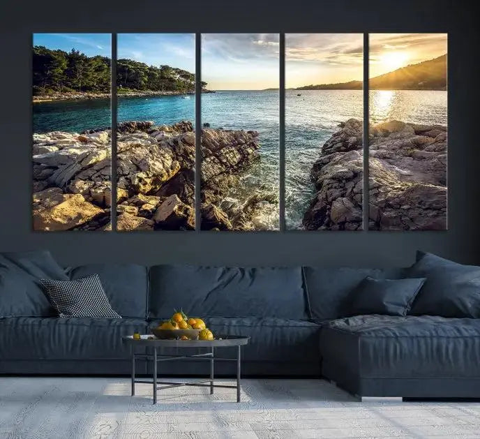 The Paradise Island on Seychelles Wall Art Canvas Print, a triptych capturing a coastal sunset over rocky cliffs and printed on museum-quality canvas with a UV-protective coating, hangs prominently.