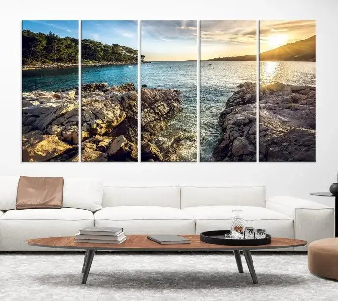 The Paradise Island on Seychelles Wall Art Canvas Print, a triptych capturing a coastal sunset over rocky cliffs and printed on museum-quality canvas with a UV-protective coating, hangs prominently.