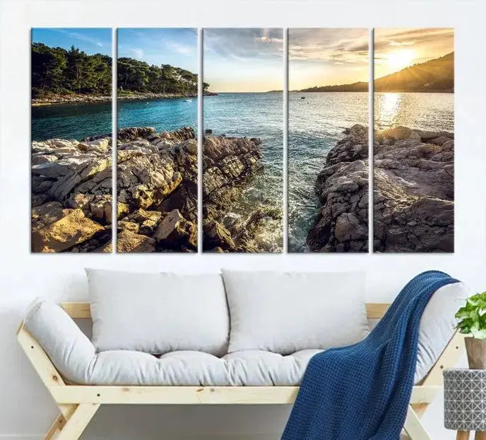 The Paradise Island on Seychelles Wall Art Canvas Print, a triptych capturing a coastal sunset over rocky cliffs and printed on museum-quality canvas with a UV-protective coating, hangs prominently.