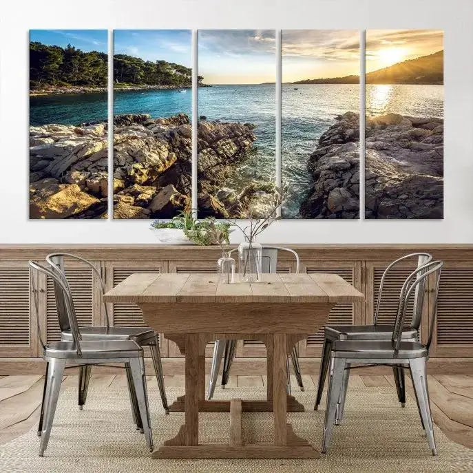 The Paradise Island on Seychelles Wall Art Canvas Print, a triptych capturing a coastal sunset over rocky cliffs and printed on museum-quality canvas with a UV-protective coating, hangs prominently.