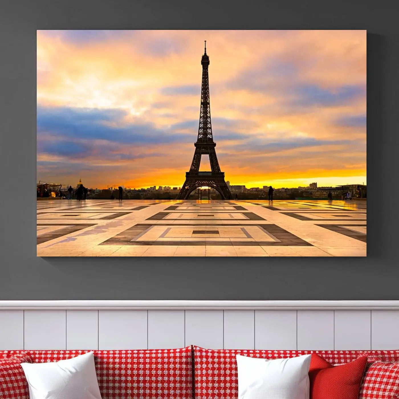 Paris Eiffel Tower Sunset Canvas Wall Art Print - Iconic Landmark Decor with Vibrant Colors
