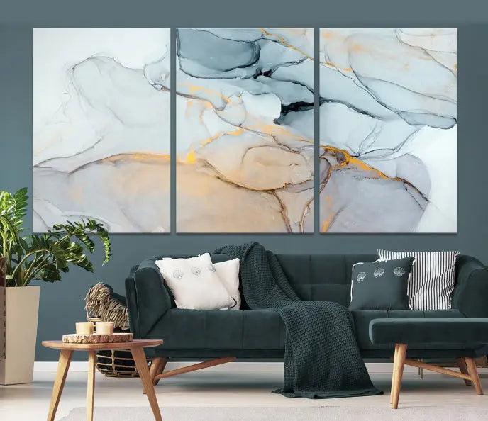 Pastel Marble Fluid Effect Wall Art Abstract Canvas Wall Art Print is displayed on a dark wall, presented on museum-quality canvases with a UV-protective coating.