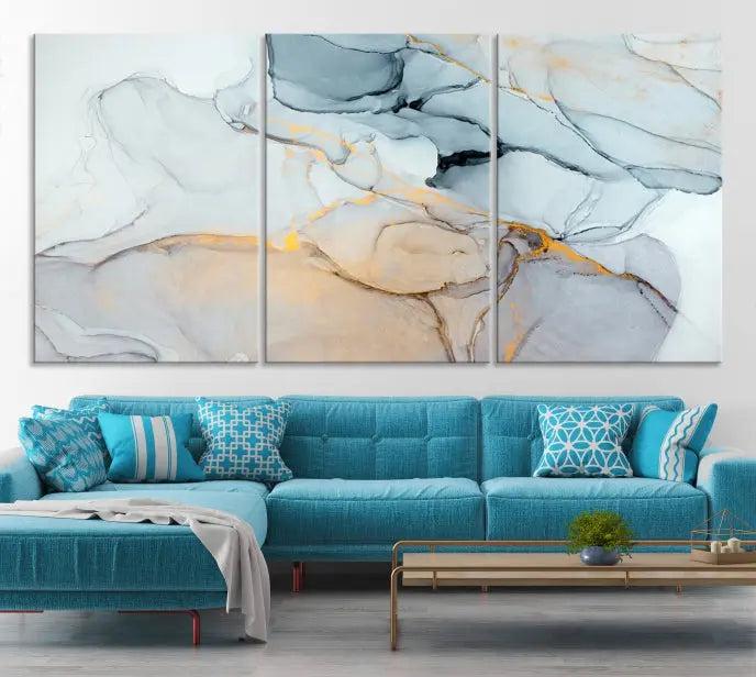 Pastel Marble Fluid Effect Wall Art Abstract Canvas Wall Art Print is displayed on a dark wall, presented on museum-quality canvases with a UV-protective coating.