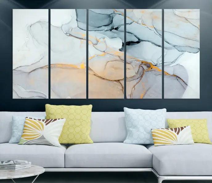 Pastel Marble Fluid Effect Wall Art Abstract Canvas Wall Art Print is displayed on a dark wall, presented on museum-quality canvases with a UV-protective coating.