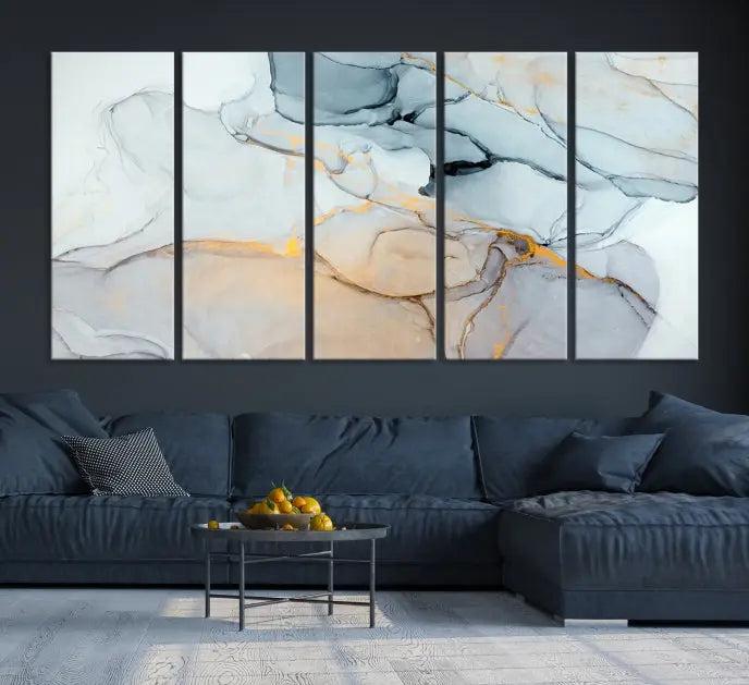 Pastel Marble Fluid Effect Wall Art Abstract Canvas Wall Art Print is displayed on a dark wall, presented on museum-quality canvases with a UV-protective coating.