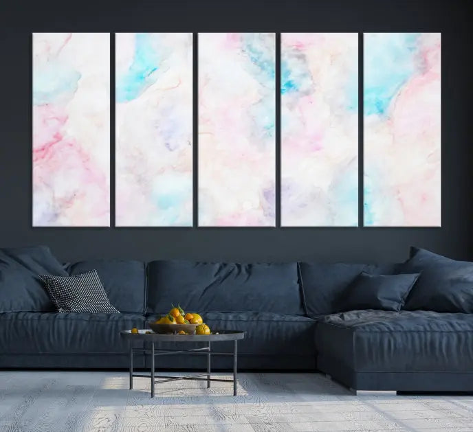 The "Pastel Marble Fluid Effect Wall Art Abstract Canvas Wall Art Print" graces the dark wall, ready to hang and transform your space.