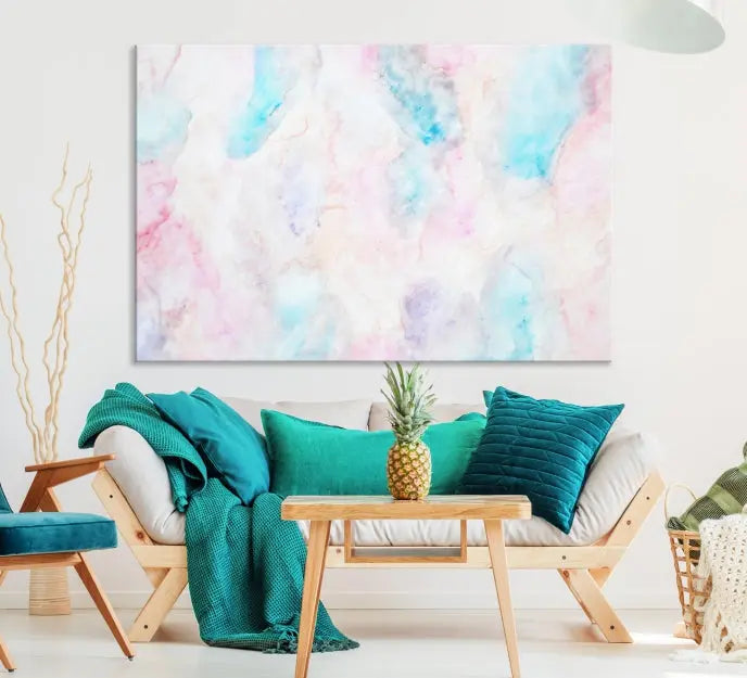 The "Pastel Marble Fluid Effect Wall Art Abstract Canvas Wall Art Print" graces the dark wall, ready to hang and transform your space.