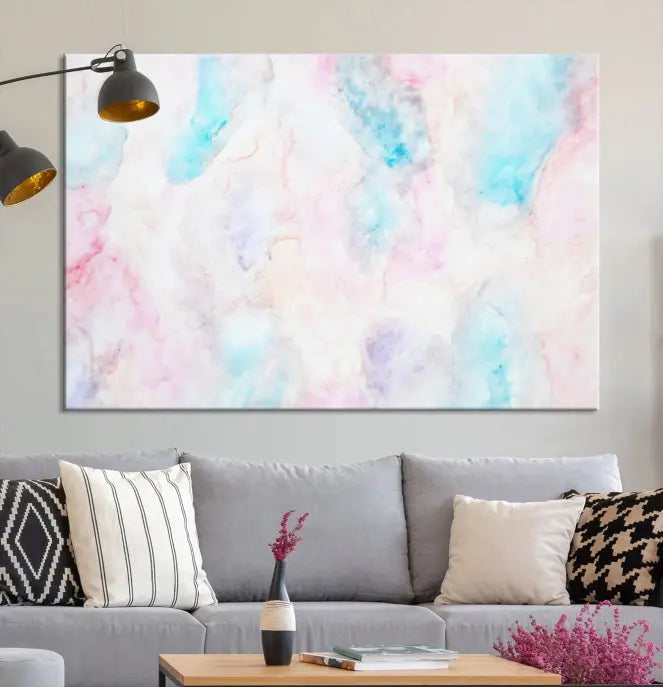 The "Pastel Marble Fluid Effect Wall Art Abstract Canvas Wall Art Print" graces the dark wall, ready to hang and transform your space.