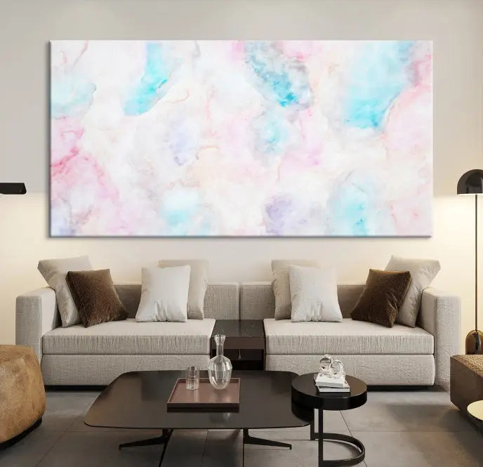 The "Pastel Marble Fluid Effect Wall Art Abstract Canvas Wall Art Print" graces the dark wall, ready to hang and transform your space.