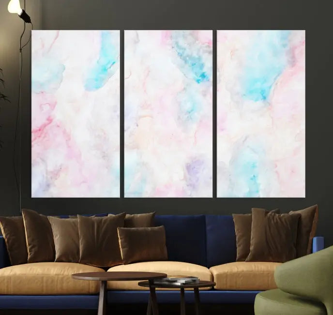 The "Pastel Marble Fluid Effect Wall Art Abstract Canvas Wall Art Print" graces the dark wall, ready to hang and transform your space.