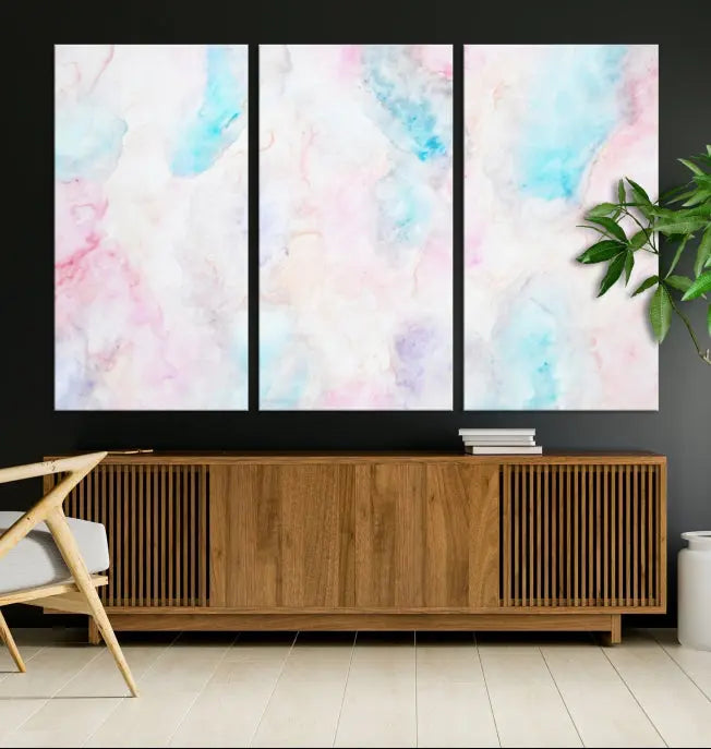 The "Pastel Marble Fluid Effect Wall Art Abstract Canvas Wall Art Print" graces the dark wall, ready to hang and transform your space.