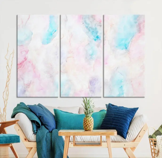 The "Pastel Marble Fluid Effect Wall Art Abstract Canvas Wall Art Print" graces the dark wall, ready to hang and transform your space.