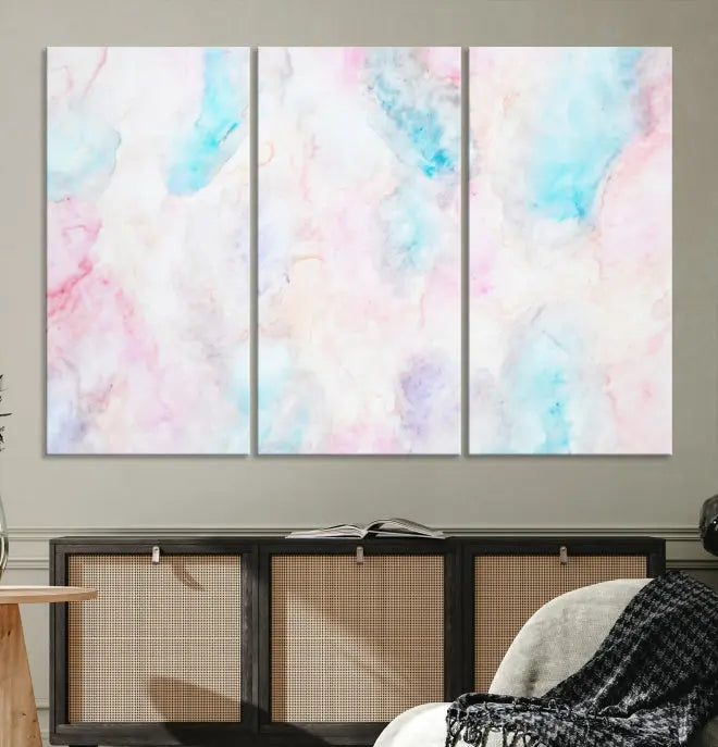 The "Pastel Marble Fluid Effect Wall Art Abstract Canvas Wall Art Print" graces the dark wall, ready to hang and transform your space.