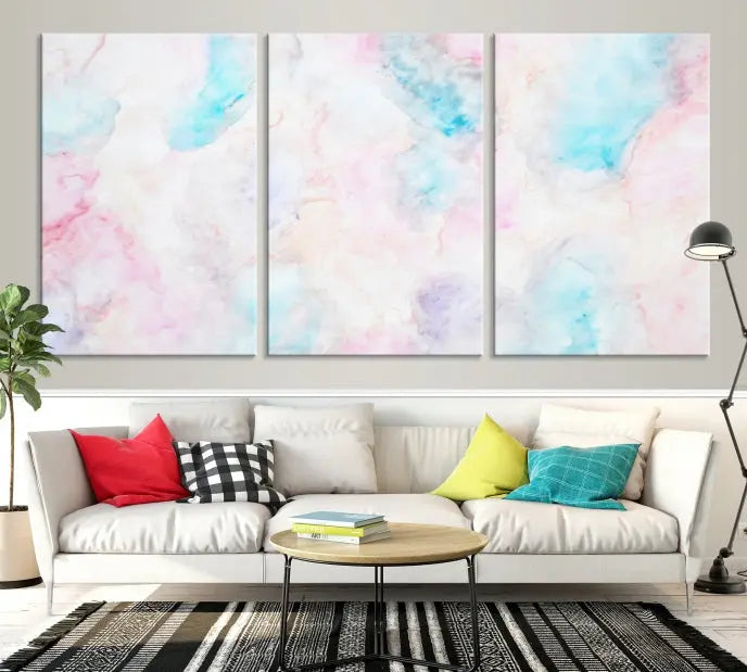 The "Pastel Marble Fluid Effect Wall Art Abstract Canvas Wall Art Print" graces the dark wall, ready to hang and transform your space.