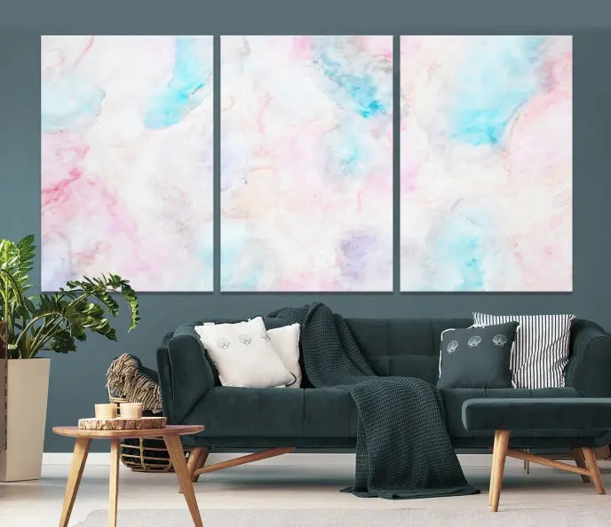 The "Pastel Marble Fluid Effect Wall Art Abstract Canvas Wall Art Print" graces the dark wall, ready to hang and transform your space.