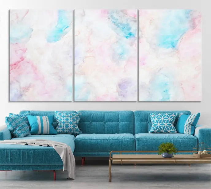 The "Pastel Marble Fluid Effect Wall Art Abstract Canvas Wall Art Print" graces the dark wall, ready to hang and transform your space.