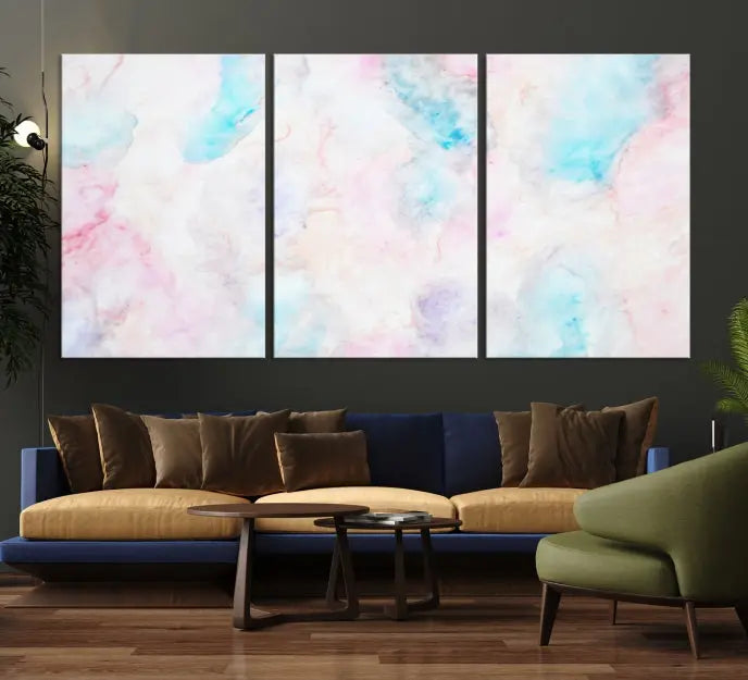 The "Pastel Marble Fluid Effect Wall Art Abstract Canvas Wall Art Print" graces the dark wall, ready to hang and transform your space.