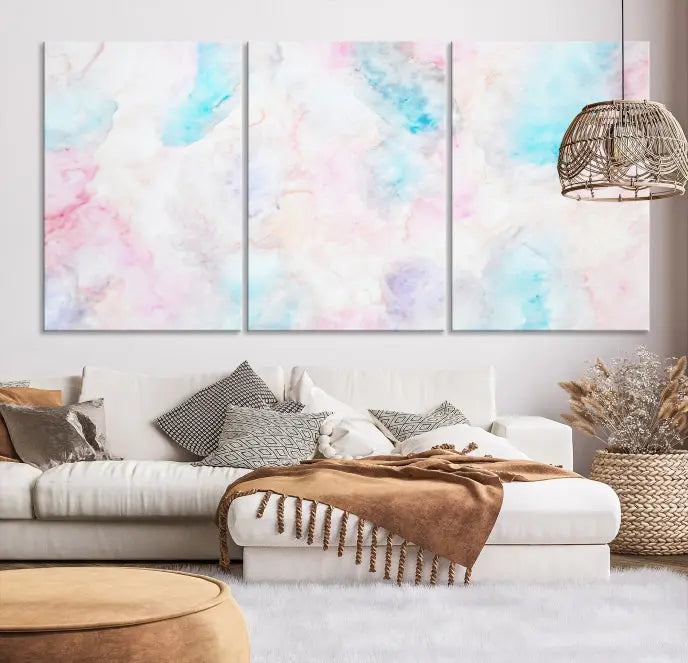 The "Pastel Marble Fluid Effect Wall Art Abstract Canvas Wall Art Print" graces the dark wall, ready to hang and transform your space.