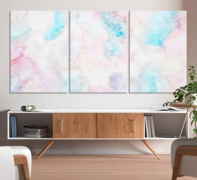 The "Pastel Marble Fluid Effect Wall Art Abstract Canvas Wall Art Print" graces the dark wall, ready to hang and transform your space.