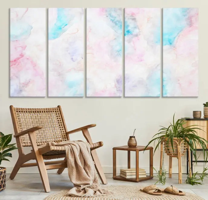 The "Pastel Marble Fluid Effect Wall Art Abstract Canvas Wall Art Print" graces the dark wall, ready to hang and transform your space.