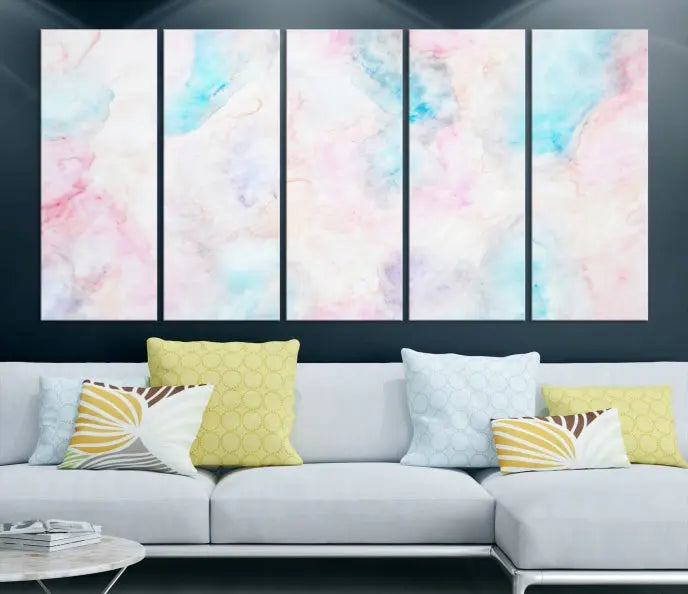 The "Pastel Marble Fluid Effect Wall Art Abstract Canvas Wall Art Print" graces the dark wall, ready to hang and transform your space.