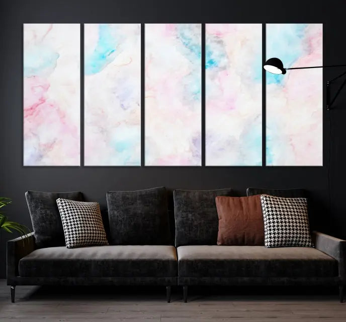 The "Pastel Marble Fluid Effect Wall Art Abstract Canvas Wall Art Print" graces the dark wall, ready to hang and transform your space.