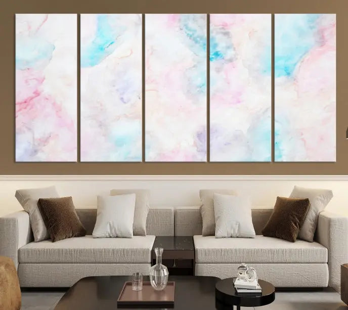 The "Pastel Marble Fluid Effect Wall Art Abstract Canvas Wall Art Print" graces the dark wall, ready to hang and transform your space.