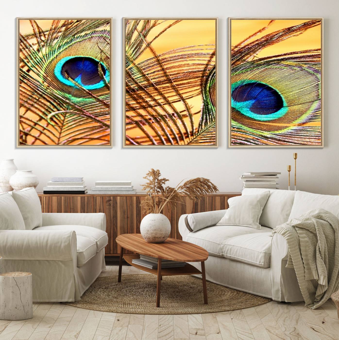 95449-MGV-FC-60X30-3P_Natural-Peacock Feather Wall Art Print - Vibrant Green, Blue, and Orange Peacock Feather Design, Ready to