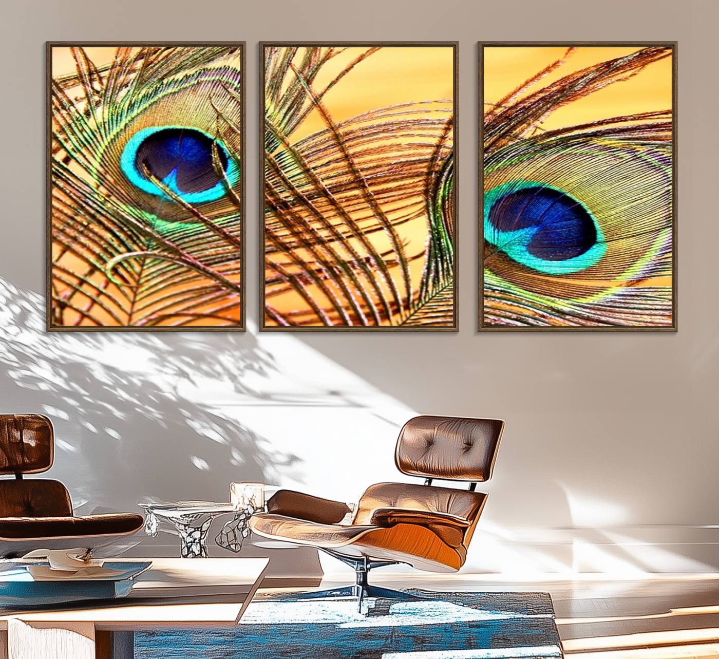 95449-MGV-FC-60X30-3P_Walnut-Peacock Feather Wall Art Print - Vibrant Green, Blue, and Orange Peacock Feather Design, Ready to