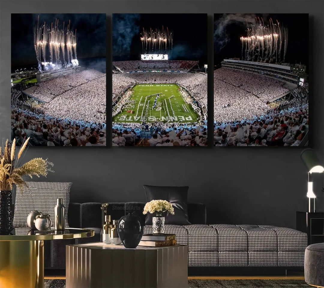 The Penn Stadium Football Wall Art Canvas Print captures the thrill of fireworks and fans in white at a college football game.