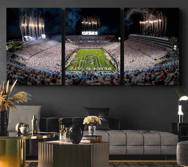 The Penn Stadium Football Wall Art Canvas Print captures the thrill of fireworks and fans in white at a college football game.