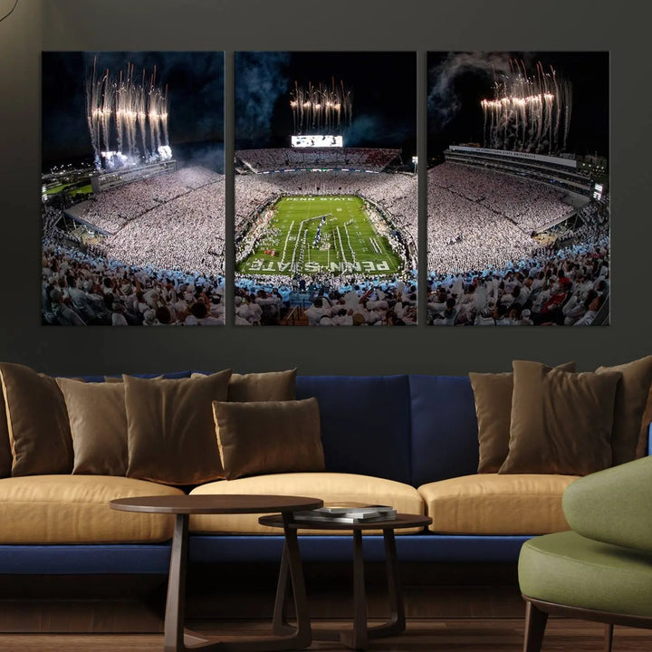 The Penn Stadium Football Wall Art Canvas Print captures the thrill of fireworks and fans in white at a college football game.