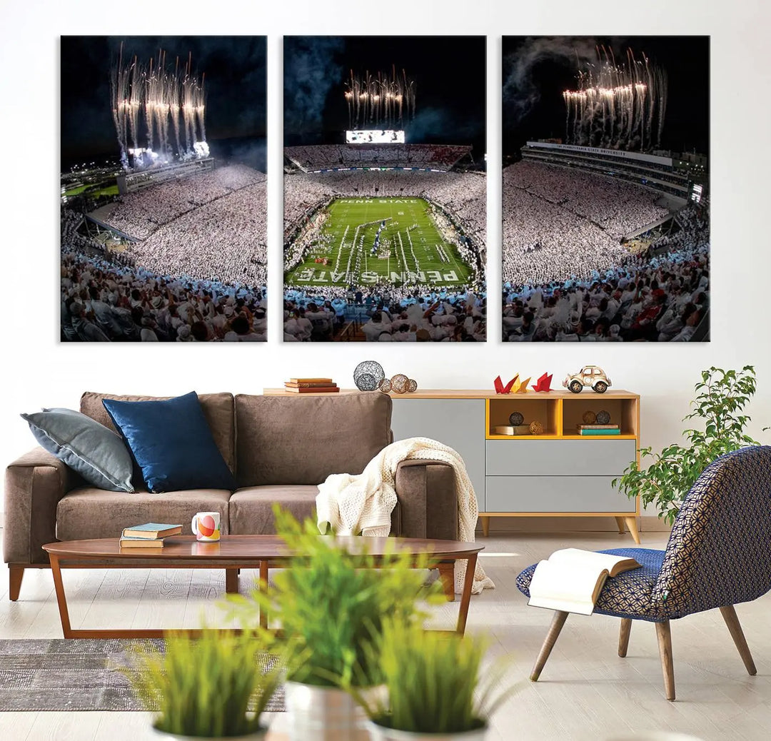 The Penn Stadium Football Wall Art Canvas Print captures the thrill of fireworks and fans in white at a college football game.