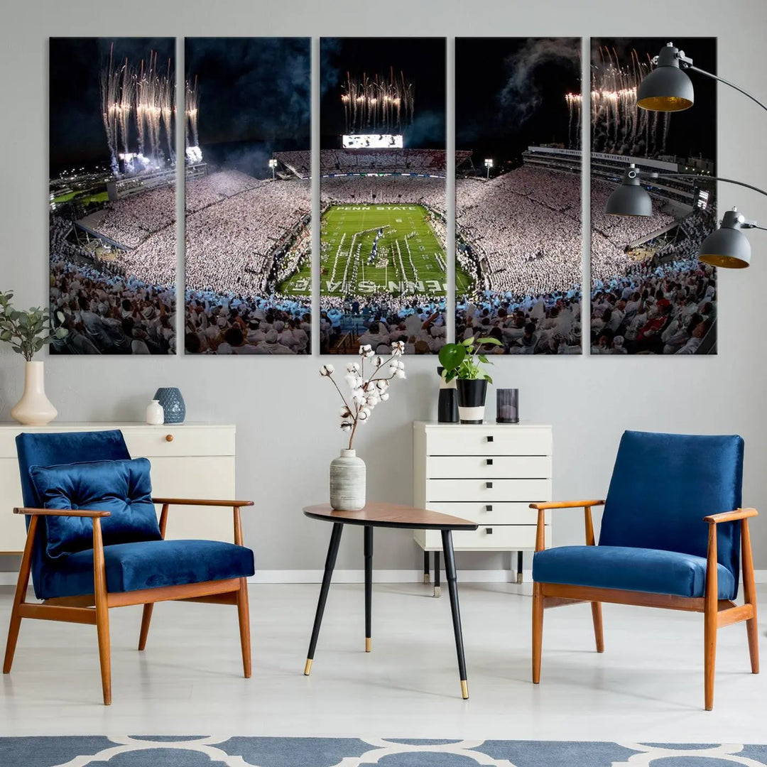 The Penn Stadium Football Wall Art Canvas Print captures the thrill of fireworks and fans in white at a college football game.