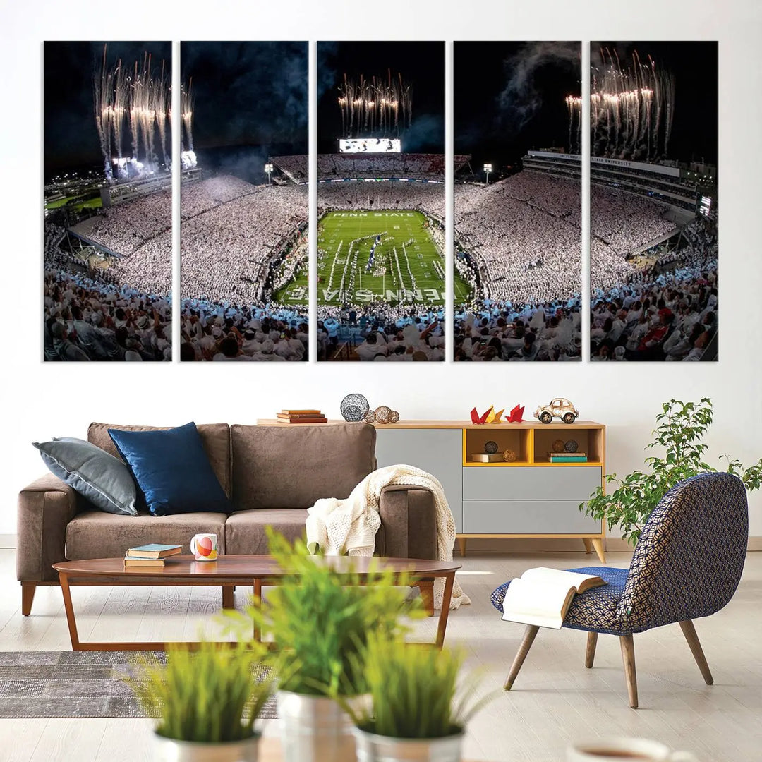 The Penn Stadium Football Wall Art Canvas Print captures the thrill of fireworks and fans in white at a college football game.