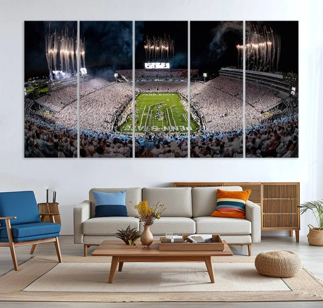 The Penn Stadium Football Wall Art Canvas Print captures the thrill of fireworks and fans in white at a college football game.