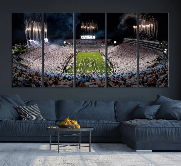 The Penn Stadium Football Wall Art Canvas Print captures the thrill of fireworks and fans in white at a college football game.