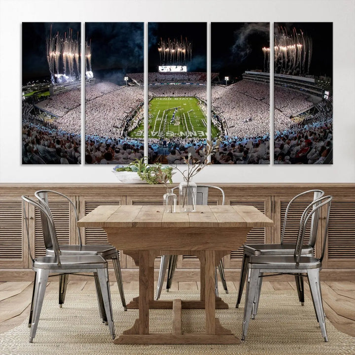 The Penn Stadium Football Wall Art Canvas Print captures the thrill of fireworks and fans in white at a college football game.