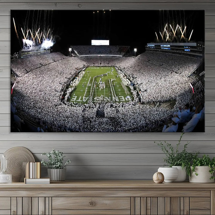 A gallery-quality finish highlights the Penn State Nittany Lions Football Team Print, featuring a packed University Park Beaver Stadium with fireworks.