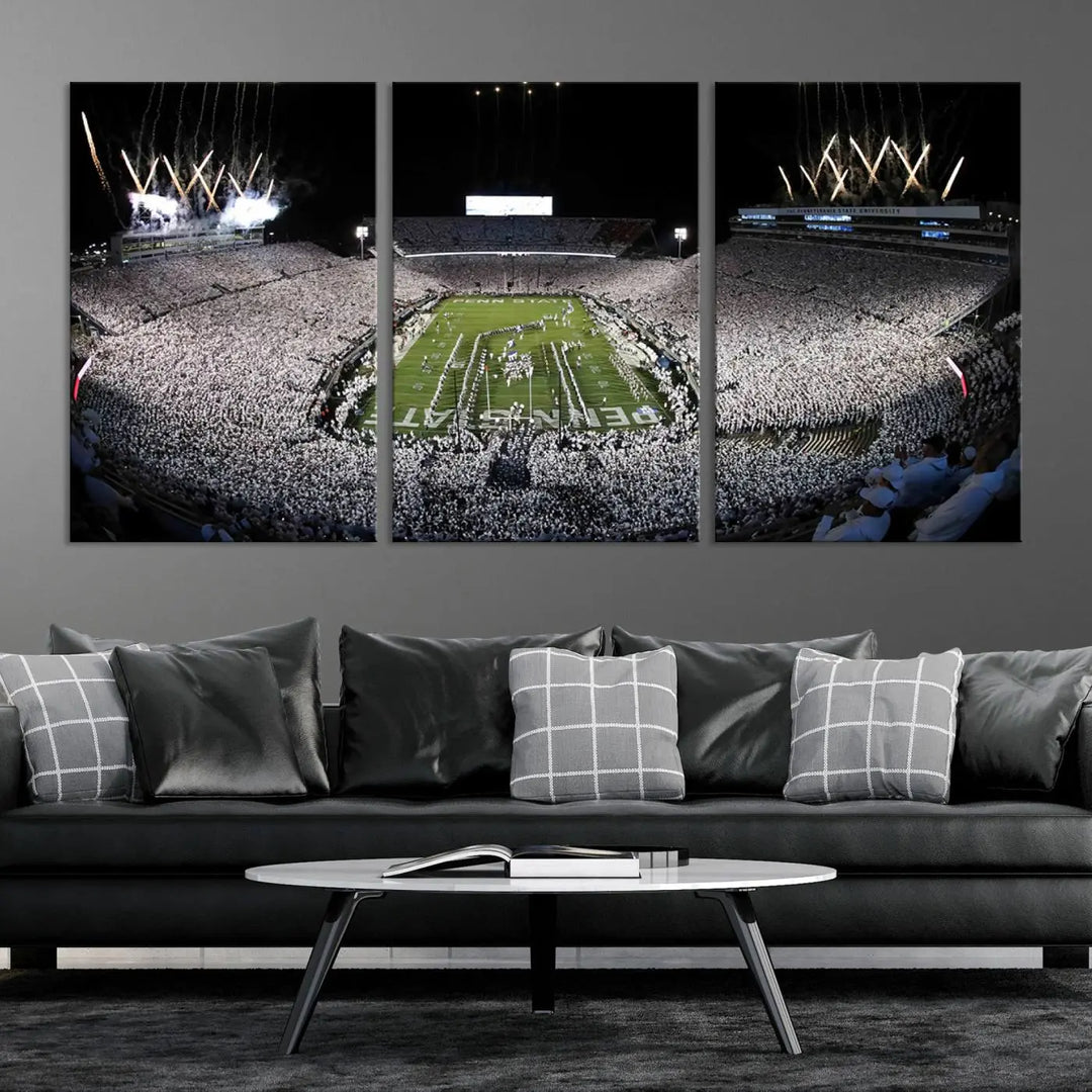 A gallery-quality finish highlights the Penn State Nittany Lions Football Team Print, featuring a packed University Park Beaver Stadium with fireworks.