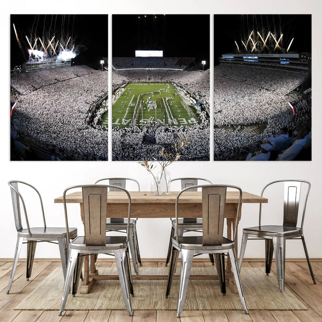 A gallery-quality finish highlights the Penn State Nittany Lions Football Team Print, featuring a packed University Park Beaver Stadium with fireworks.