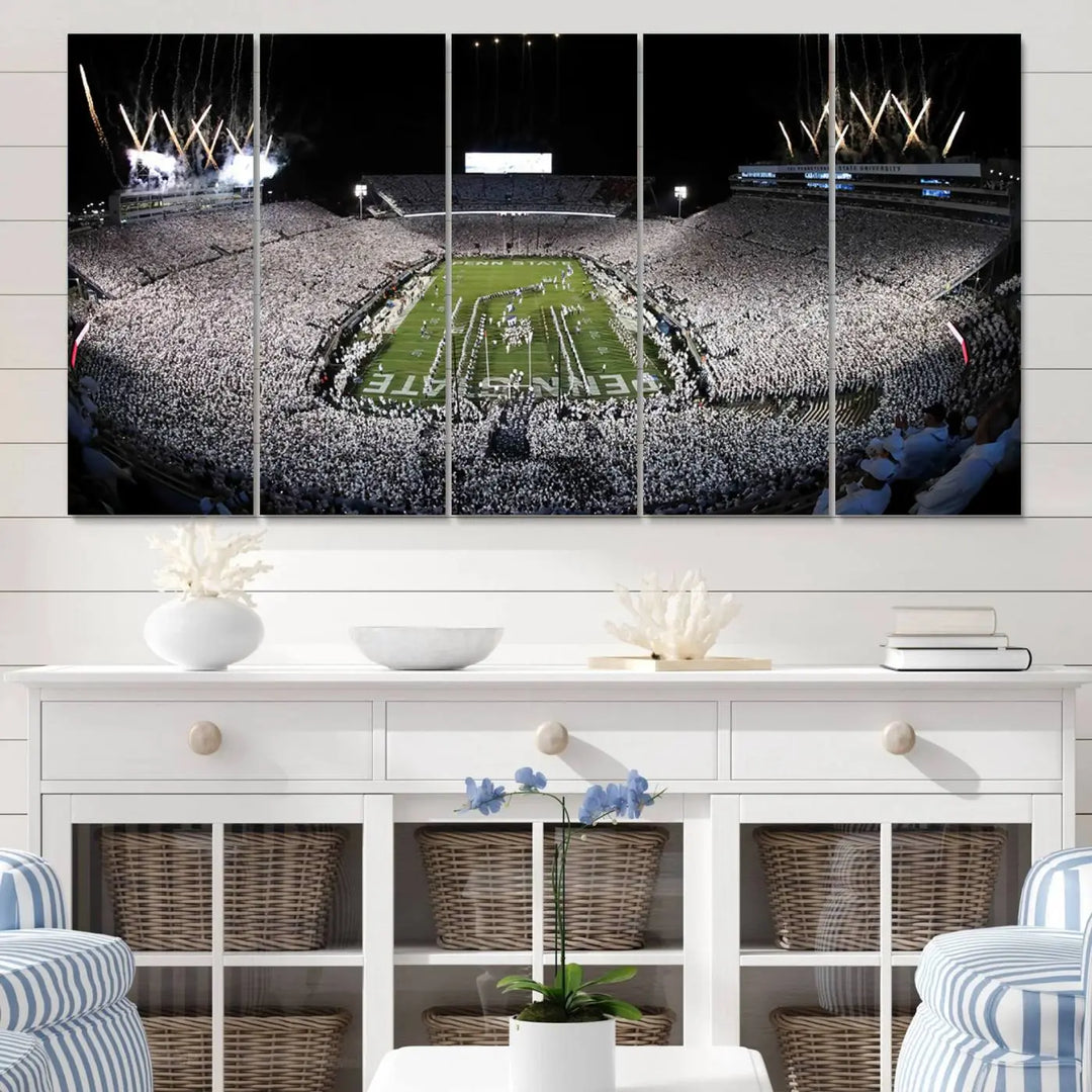 A gallery-quality finish highlights the Penn State Nittany Lions Football Team Print, featuring a packed University Park Beaver Stadium with fireworks.